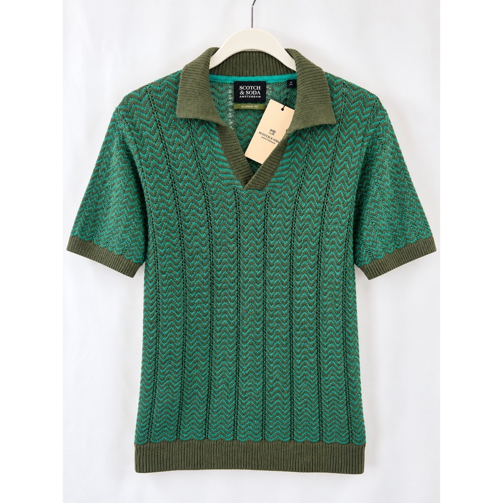Scotch & Soda Men's Open Structured Knit V-Neck Polo Green Size M NWT $148